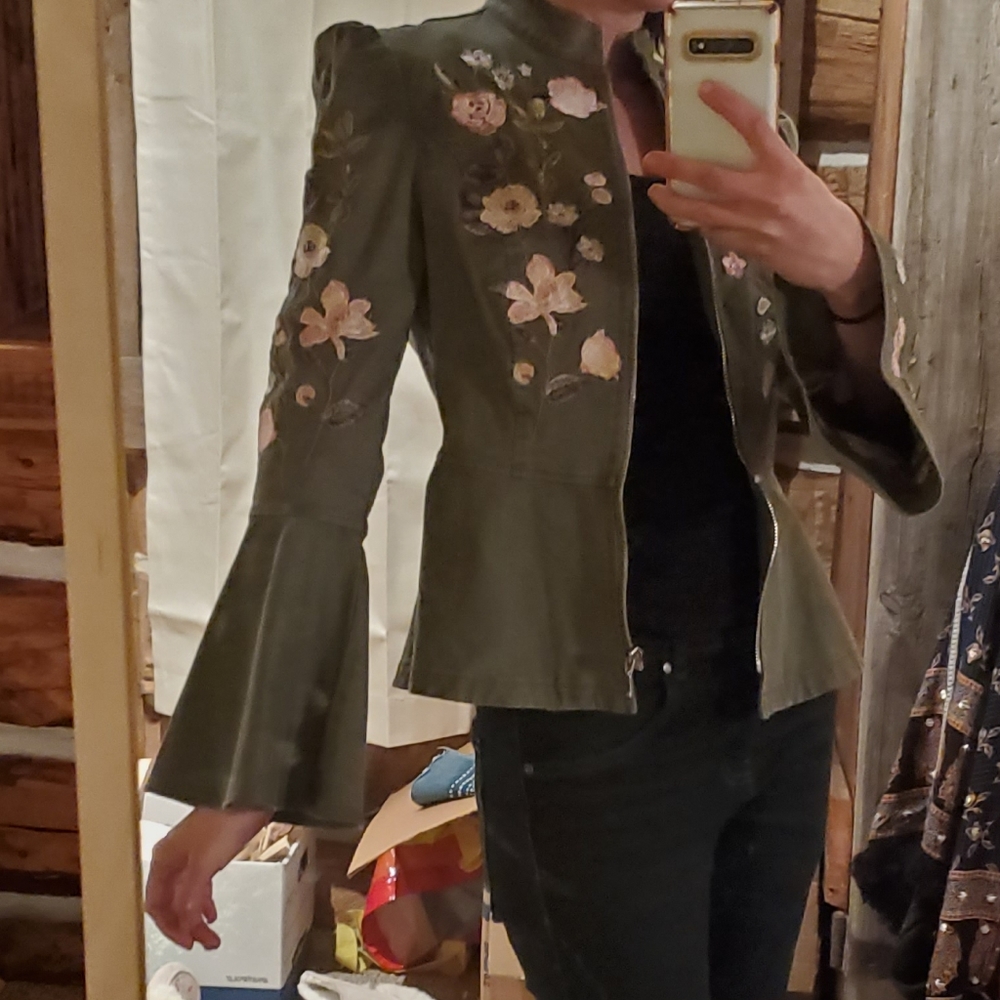 Floral military bell sleeve army green jacket